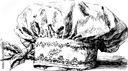 Chef hat vintage engraving illustration in black outline style. This detailed vector drawing represents culinary attire used in professional kitchens.