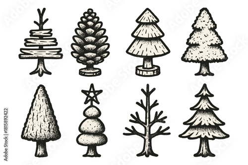 Rustic Tree Icons. Rustic nature trees concept linear icon set: branch stack tree, pinecone sculpture, log base tree, moss tree, bark-covered tree, stone pyramid tree, twig star
