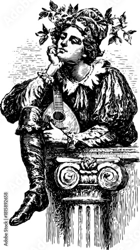 Engraving of a female figure sitting elegantly, holding a mandolin. Vintage vector illustration with intricate details and classic aesthetic.