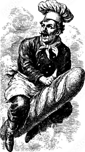 Baker chef with a loaf of bread in an antique engraving style. A hand-drawn black outline vector illustration set showcasing cooking themes.