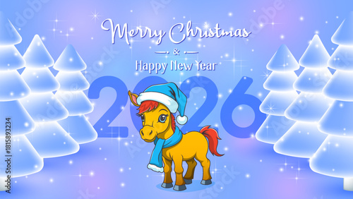 Vector holiday card or poster. Cute cartoon orange foal in blue hat and scarf. Merry Christmas and Happy New Year. 2026. Fire horse and sparks. Winter fairy toon fir forest