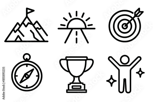 Journey to Success. Motivational Vision linear icon set: mountain summit, rising sun, open road, target symbol, compass, trophy cup, person with arms raised, shining star