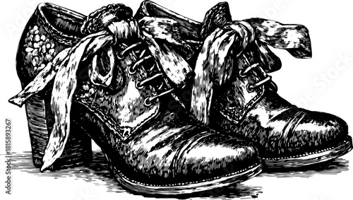 Stylish vintage shoes in an intricate engraving style. This detailed hand-drawn illustration features elegant leather footwear set with a classic ribbon design.