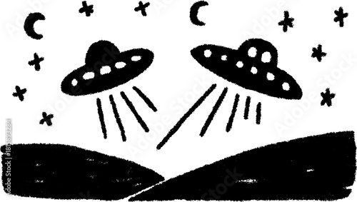 UFO silhouette in hand-drawn style with stars and moon background. Simple black outline vector illustration set for graphic use.