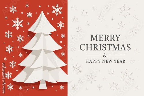 Stylized Paper Christmas Tree. Stylized Christmas tree crafted from layered white paper folds stands against a split red and white background. Snowflakes of varying. Vector illustration