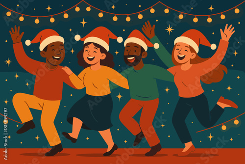 Festive Dance Celebration. Group of diverse characters, each wearing colorful Santa hats, are joyously dancing in a line. Their exuberant poses and expressions. Vector illustration