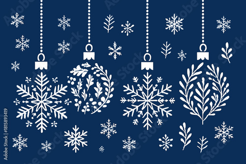 Elegant Christmas Ornaments. Series of Christmas tree decorations featuring diverse patterns of snowflakes and foliage, each ornament suspended in a vertical layout.. Vector illustration