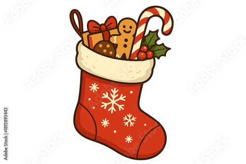 Festive Stocking by Fireplace. Stocking filled with holiday treats and small gifts, hanging by the fireplace. The stocking is red with white trim and decorated with. Vector illustration