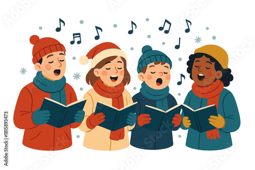 Joyful Carolers Singing. Group of carolers, warmly dressed in winter attire, sing joyously in the snow-covered streets. Their expressions are lively and full of. Vector illustration