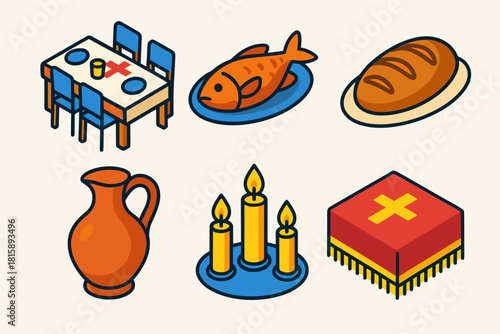 Orthodox Festive Icons. Orthodox Christmas Family Feast flat icon set: festive table, roasted fish, bread loaf, wine jug, candles, tablecloth