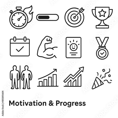 Motivation Icon Set. Motivation & Progress linear icon set: stopwatch with flame, progress bar, target bullseye, star trophy, calendar milestone, muscle flex icon, positive
