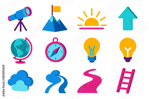 Isometric Future Icons. Future Vision flat icon set: telescope, mountain peak, flag, sunrise, arrow, globe, compass, light bulb, cloud, path, spark, ladder
