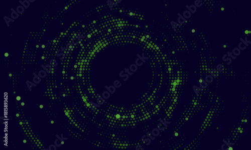 Glowing Blue Circular Particle Frame With Abstract Energy Flow On Dark Background. Ideal For Tech, Music, Science, Or Futuristic UI Concepts. Vector Illustration.