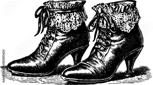 Vintage boots with lace details in hand-drawn outline style. Unique vector illustration suitable for fashion accessory designs.