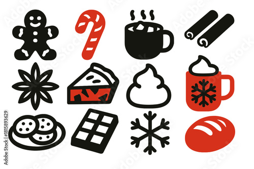 Festive Treat Icons. Festive Treats silhouette icon set : gingerbread cookie, candy cane, hot cocoa, cinnamon stick, star anise, apple pie, whipped cream, holiday mug, cookie plate
