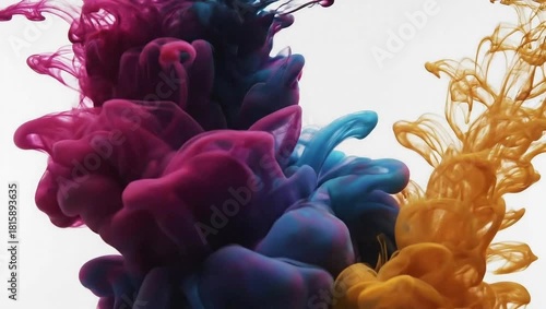 Vibrant pink, blue, and orange ink swirling in water, isolated on white background