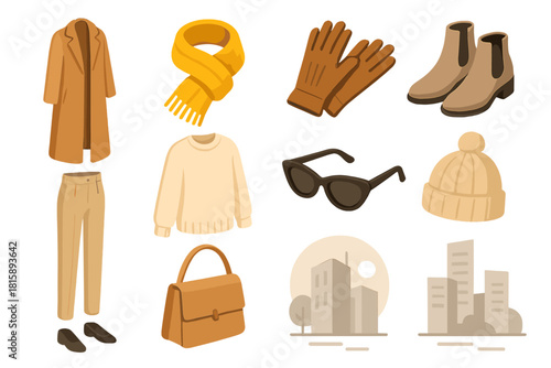 Winter Fashion Icons. Modern Winter Fashion flat icon set: long wool coat, knit scarf, leather gloves, ankle boots, neutral palette, tailored trousers, oversized sweater, sleek