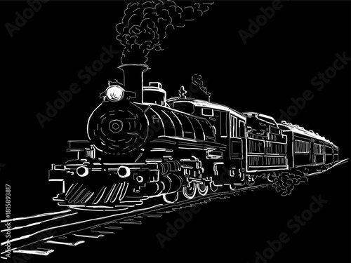 Old vintage steam locomotive on a black background. Vector illustration of a white sketch of a steam locomotive on a black background. For retro transport-style prints.