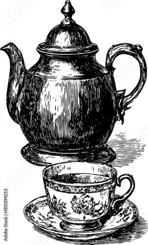 Vintage teapot and cup set with saucer in detailed engraving style. Classic porcelain tableware vector illustration.