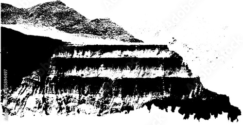 Engravings of a landscape featuring mountains and cliffs. This black outline drawing showcases retro details in a hand-drawn vector illustration.