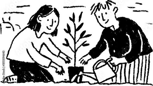 Two people planting a tree in a garden setting. This simple black-and-white vector illustration showcases a collaborative gardening activity.