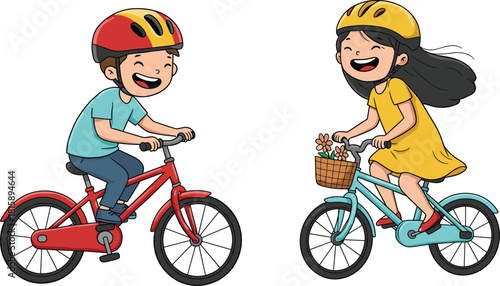 Children riding bicycles, outdoor activity, summer fun, safety helmets, happy kids, flower basket, childhood joy, cycling together, nature, friendship, adventure