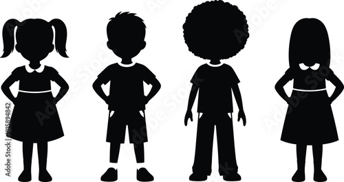 Children silhouette, diverse kids, standing together, hairstyle variety, fashion contrast