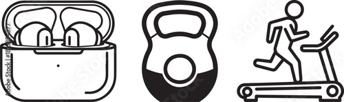 Minimalist Outline Icons Set: Earbuds, Kettlebell, Treadmill for Fitness and Tech
