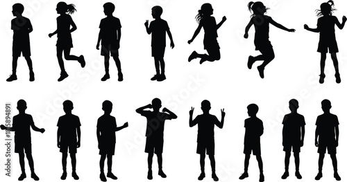 Children silhouette, jumping kids, walking pose, playful movement, black vector, cartoon style, body language, casual outfit, gesture study, educational use