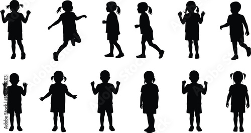 Children silhouette, playful poses, black figures, standing kids, walking girls, running motion, ponytail hairstyle, youth activity, vector illustration, isolated design