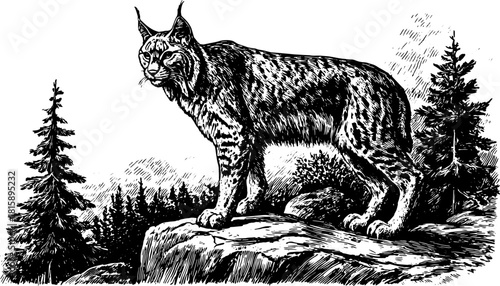 Bobcat outlined in black and white. Vintage illustration of a curious feline in a natural forest landscape, set in vector art style.