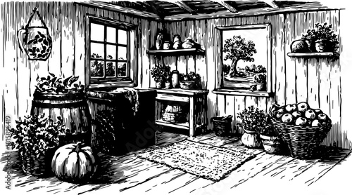 Vintage interior engraving of a cozy room. Features furniture and plants in a black-line drawing style. Vector illustration showcases traditional decor.