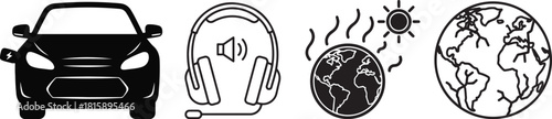 Minimalist Vector Icon Set: Electric Car, Headset, Global Warming, Earth