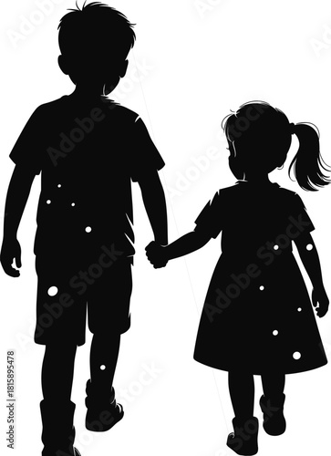 Children silhouette, walking together, holding hands, sibling bond, emotional connection, black and white, vector art, childhood innocence, family love, ponytail girl