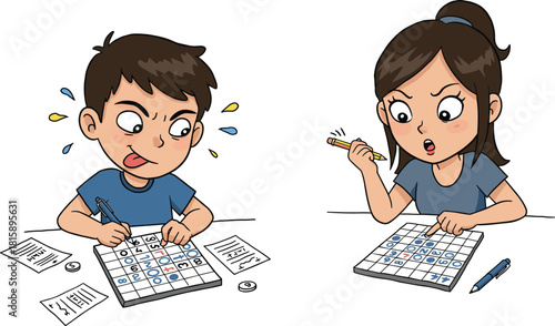 Children solving puzzles, concentration, emotion, learning activity, classroom challenge, educational game, kids at table, school task, brain teaser, teamwork