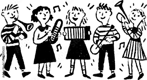 Musicians performing together in a simple vector illustration. A joyful band scene with various instruments, depicted as a set.