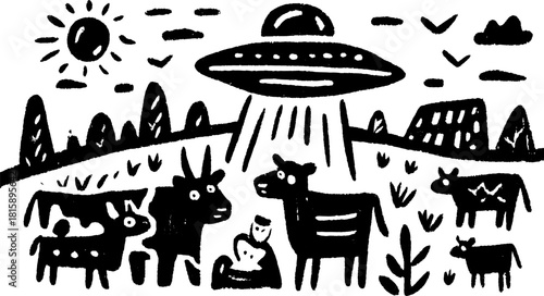 Silhouette illustration of a farm scene with cows and a UFO. Hand-drawn vector art depicts rural landscape and animals in a set format.