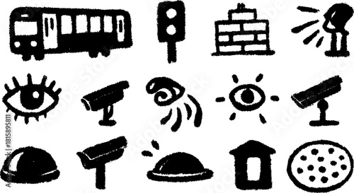 Bus and traffic signal icons in black. Simple vector illustrations for urban design, forming an informative graphics set.