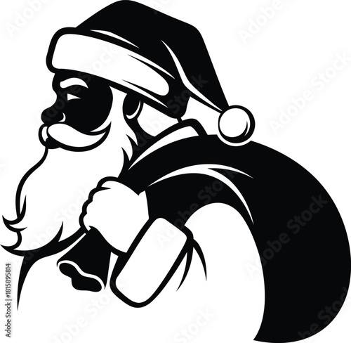 Stern Santa Claus Side Profile Silhouette, Black and White Vector Illustration of Father Christmas Carrying a Heavy Gift Sack and Ready for Holiday Delivery.