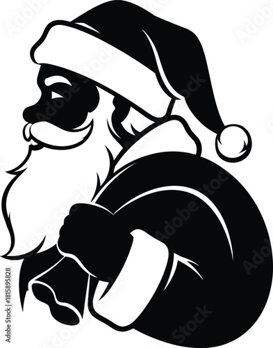 Intense Santa Claus Side Profile Silhouette with Large Sack, Bold Black and White Vector Illustration of Father Christmas Delivering Gifts Over His Shoulder.