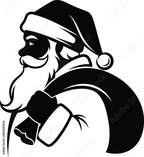 Santa Claus Profile Silhouette with Heavy Sack of Toys, Close-Up Black and White Vector Illustration of Father Christmas Ready for Nighttime Gift Delivery.