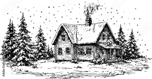 Snowy cottage with a chimney surrounded by pine trees. Vintage black and white vector illustration of a quaint rural winter scene.