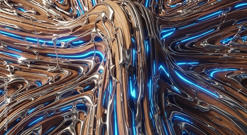 Fototapeta Naklejka Na Ścianę i Meble -  Wavy organic texture of shiny chrome liquid on dark wood with embedded glowing blue lines creating an abstract pattern