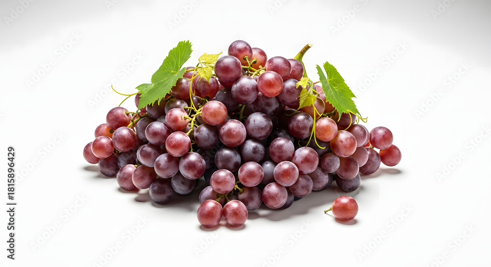 Obraz premium Freshly picked red grapes with vibrant leaves, perfect for healthy snacking, wine making, or adding a touch of natural beauty to your designs today