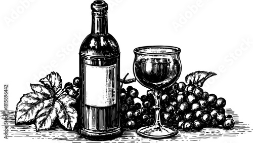Wine bottle and glass with grapes and leaves in vintage black and white style. Vector illustration reflects classic beverage art.