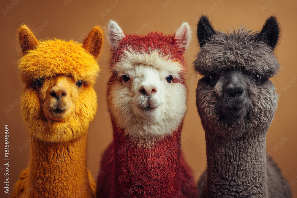 Obraz premium Drei Alpakas mit flauschigem Fell in warmen Naturfarben vor Studiohintergrund