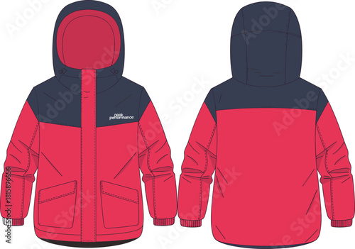 Children winter jacket, red and blue coat, hooded outerwear, front and back view, warm clothing mockup, fashion flat, apparel design illustration