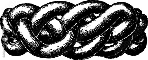 Antique engraving featuring an intricate chain design. Detailed black outline drawing in a vintage style with a decorative quality in this vector illustration.