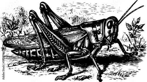 Vintage grasshopper engraving in detailed black outline. The hand-drawn illustration represents nature in a classic vector style.