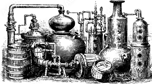 Antique engraving of distilling equipment. Hand-drawn vintage vector illustration showcasing detailed vessels in a set.